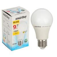 На фото изображено ЛАМПА СВЕТОДИОДНАЯ (LED)  A60  ГРУША  09W 3000 К  E27. ТЕПЛ. СВЕТ (10/50) "SMARTBUY"