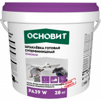 На фото изображено Шпаклевка готовая суперфинишная ЭЛИСИЛК PA39 W (28кг) полимерная белая ОСНОВИТ АКЦИЯ