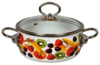 На фото изображено КАСТРЮЛЯ ЭМАЛИРОВ. "FRUITS" БЕЛОСН. 1.5 Л  СТЕКЛ. КРЫШКА (1/4) "СТАЛЬЭМАЛЬ"  1SA165S