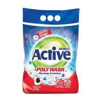 На фото изображено стиральный порошок ACTIVE (АКТИВ) авт. 3 кг Poly Wash,технология холодной стирки