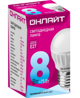 На фото изображено ЛАМПА СВЕТОДИОДНАЯ (LED)  "ОНЛАЙТ" G45  ШАР  08W 4000 К  E27. МАТОВ.. ХОЛ. СВЕТ (10/100)  71 627