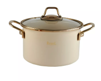 На фото изображено Кастрюля 4 л эмалированная со стекл. кр., ручка золото; цвет:кремовый