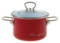 На фото изображено КАСТРЮЛЯ ЭМАЛИРОВ. "BON APPETIT" ВИШНЕВ. 2 Л  СТЕКЛ. КРЫШКА (4) "СТАЛЬЭМАЛЬ"  8SD165S